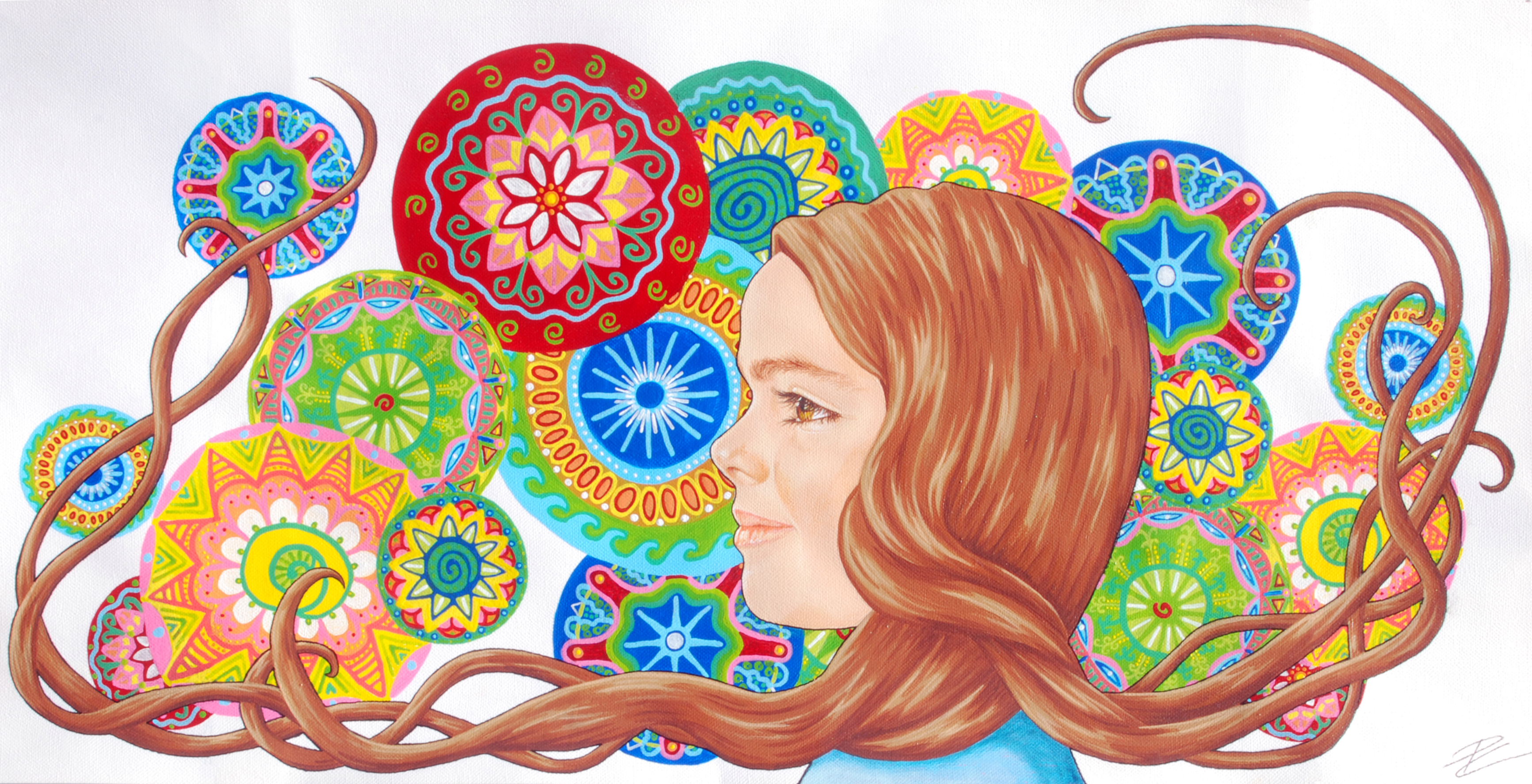 retrato de chica con mandalas de fondo