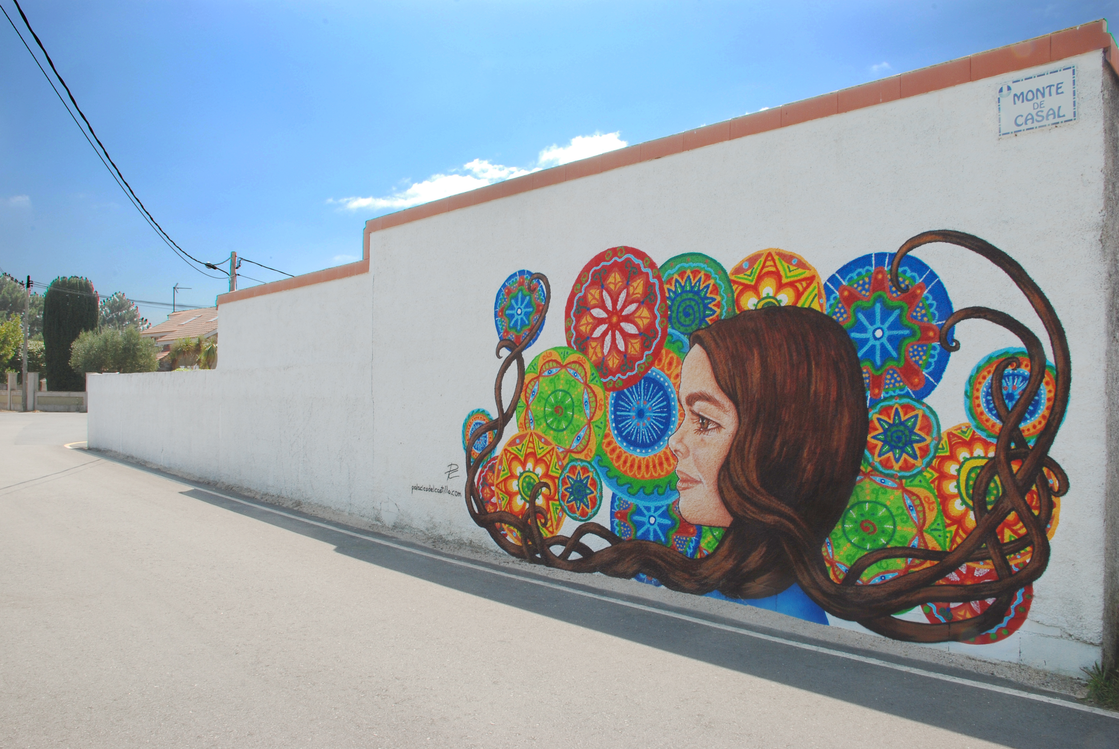 mural de chica con mandalas de fondo
